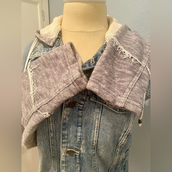 Free People Distressed Denim Jacket French Terry Sleeves and Hood - Picture 4 of 7